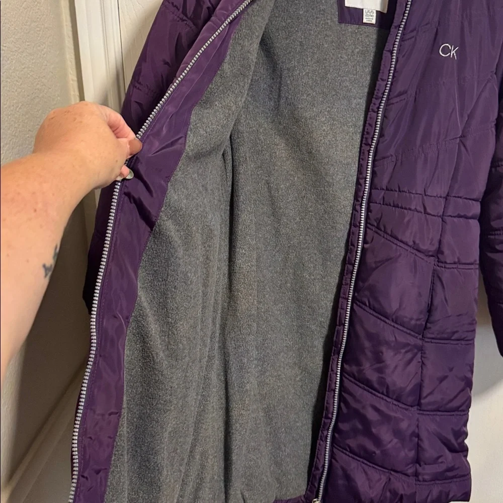 Calvin Klein Girls‎ Large 12/14 Ariel Puffer Coat Purple Full Zip Faux Fur Hood